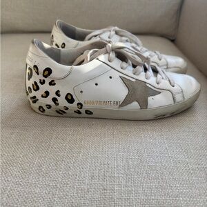 Golden Goose Women's White Sneakers with Gold and Black Leopard Accents Size 36